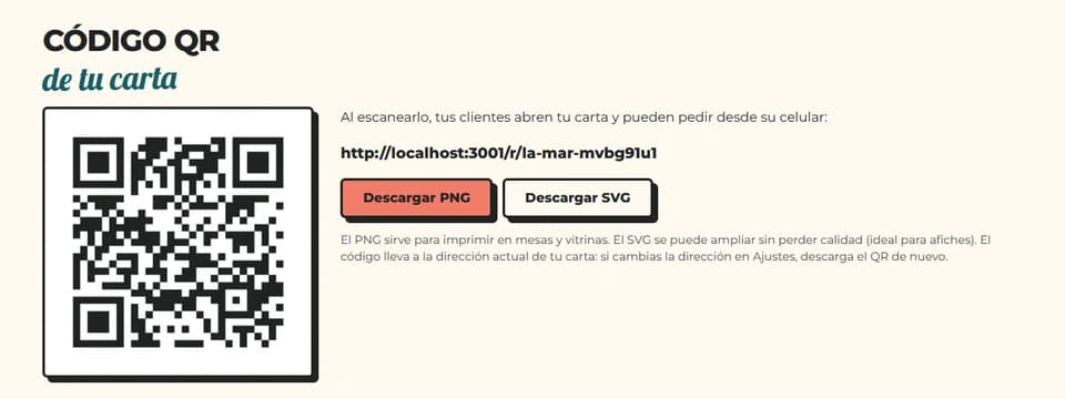 Pantalla real de Sabor Bravo con el código QR y la dirección pública de una carta