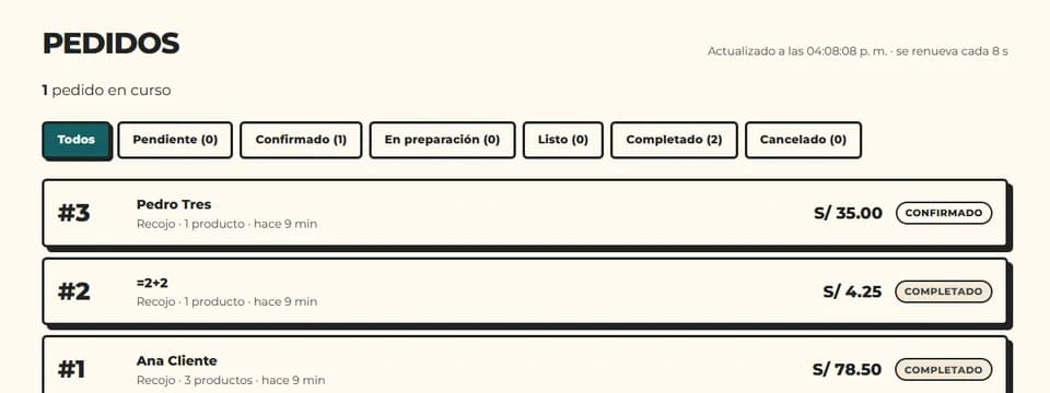 Panel real de pedidos con filtros, importes y estados del servicio